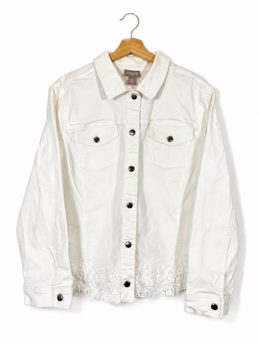 Chico’s White Denim Jacket Lace Ruffle Hem Shacket Boho Western Coastal Size 4